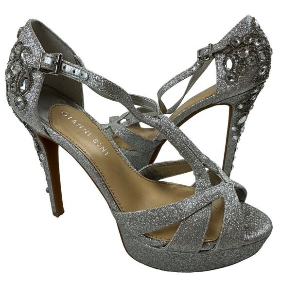 Gianni Bini Silver Glitter Beaded Rhinestone Platform Peep Toe Stiletto Heel 7.5 - Picture 1 of 10